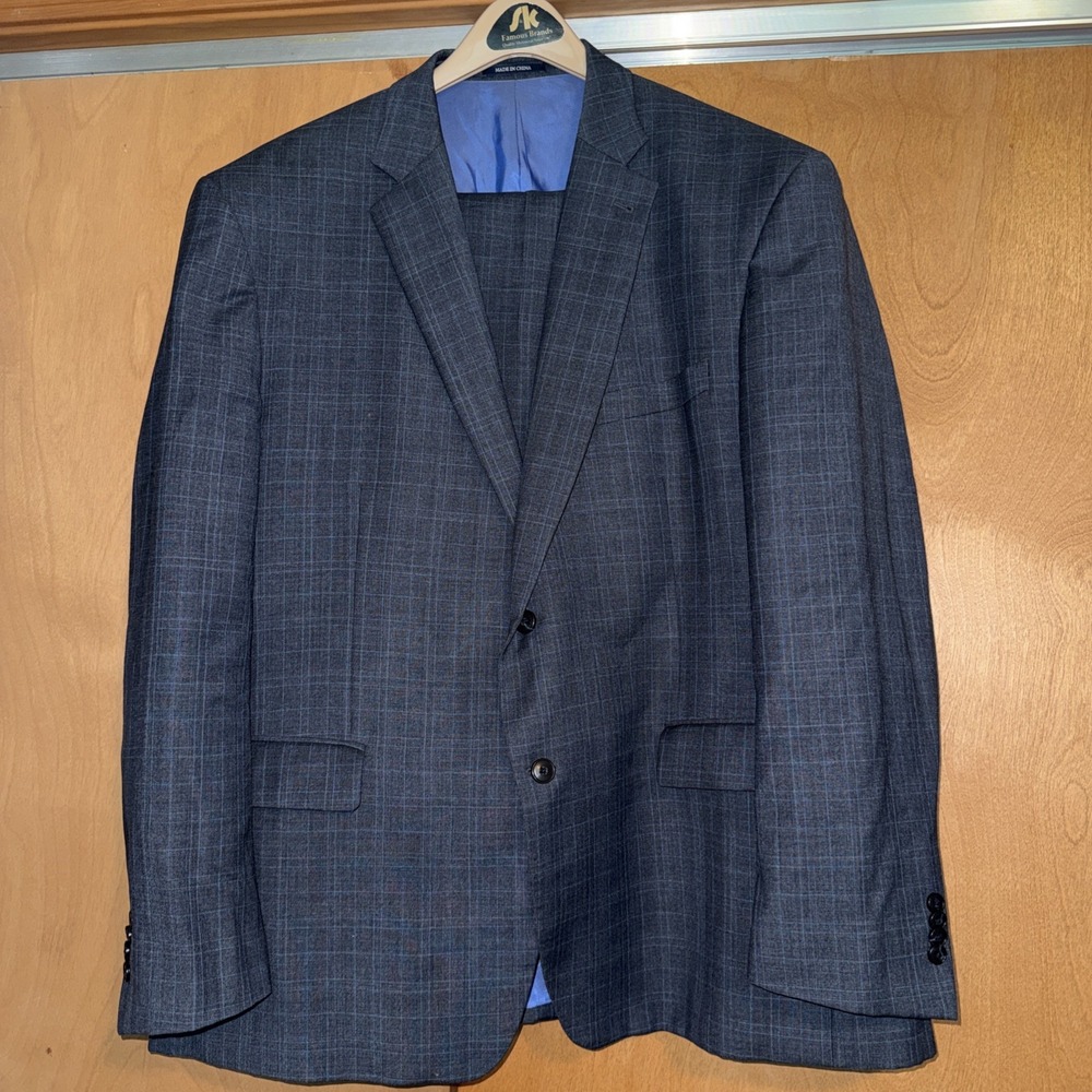 JOS A BANK WOOL  2 Piece Suit Men 48R 42x30  Blue Checked